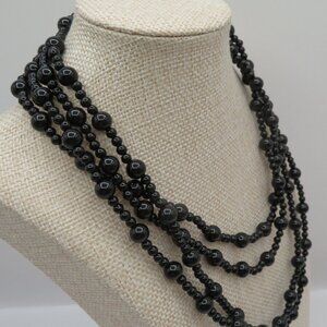 Trifari Double Strand Black Lucite Beaded Vintage Necklace